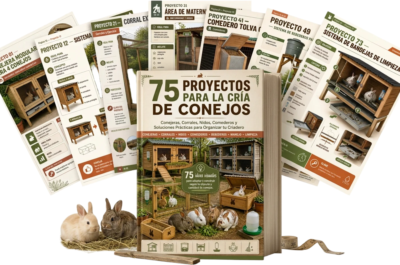 75 Proyectos para la Cría de Conejos: guía visual con páginas reales de conejeras, corrales, maternidad, comederos, bebederos y limpieza