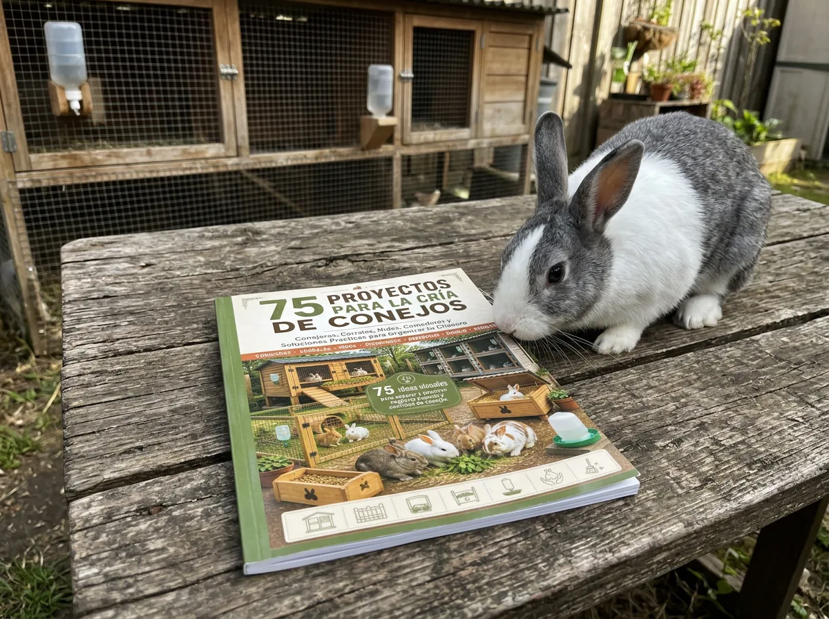 Manual impreso de los 75 proyectos para la cr&iacute;a de conejos con un conejo al lado
