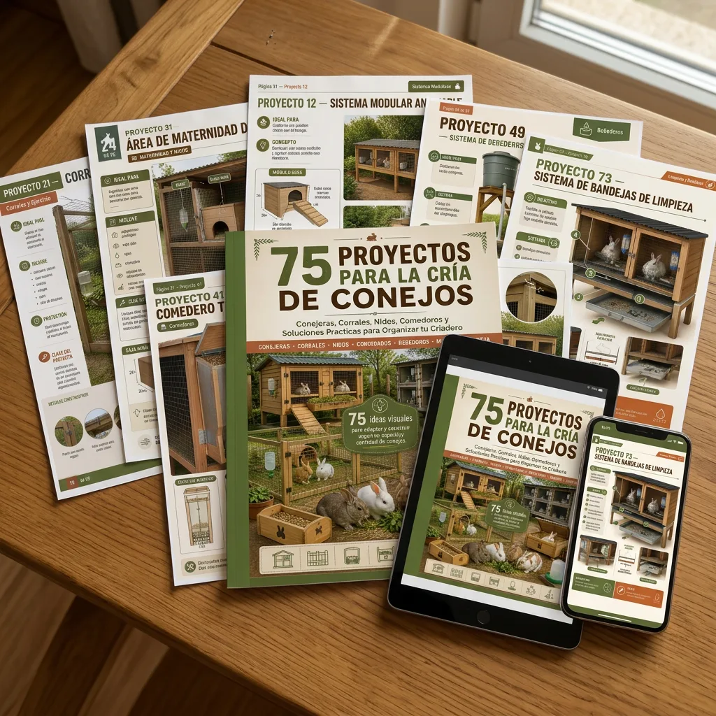 Páginas reales de los 75 proyectos para la cría de conejos impresas en papel y mostradas en tablet y celular